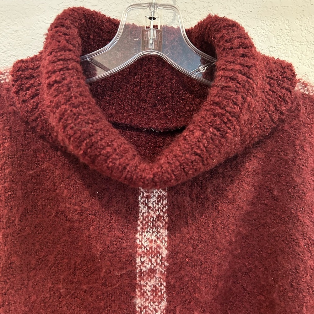 Women’s’ one-size knit turtleneck, poncho in maroon, and cream plaid - Picture 10 of 11